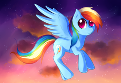 Size: 2500x1710 | Tagged: safe, artist:agletka, rainbow dash, pegasus, pony, cloud, cloudy, flying, solo, stars