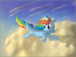 Size: 2000x1500 | Tagged: safe, artist:scratch42, rainbow dash, pegasus, pony, cloud, cloudy, flying, goggles, solo