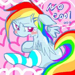 Size: 500x500 | Tagged: safe, artist:kyubi, rainbow dash, pegasus, pony, blushing, clothes, colored pupils, dialogue, engrish, hairclip, heart, pink background, pixiv, simple background, sitting, socks, solo, speech bubble, strategically covered, striped socks, tail censor