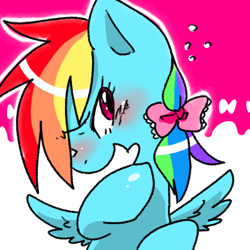 Size: 600x600 | Tagged: safe, artist:kyubi, rainbow dash, pegasus, pony, bow, pixiv, solo