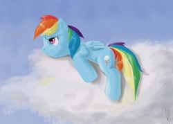 Size: 597x427 | Tagged: safe, artist:anivdelarev, rainbow dash, pegasus, pony, blue coat, cloud, female, mare, multicolored mane, solo