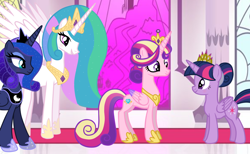 Size: 1024x629 | Tagged: safe, artist:missxxfofa123, princess cadance, princess celestia, princess luna, twilight sparkle, twilight sparkle (alicorn), alicorn, pony, alicorn tetrarchy, alternate hairstyle, base used, hair bun, new crown