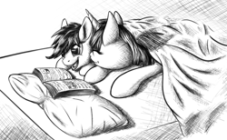 Size: 1953x1200 | Tagged: safe, artist:furor1, rainbow dash, twilight sparkle, pegasus, pony, bed, blanket, book, eyes closed, female, lesbian, monochrome, open mouth, pillow, prone, reading, shipping, smiling, twidash