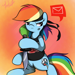 Size: 1000x1000 | Tagged: safe, artist:lightningnickel, rainbow dash, pegasus, pony, bandage, crossover, headband, hoof hold, knife, rambo, rambo dash, solo