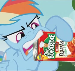 Size: 500x471 | Tagged: safe, edit, edited screencap, screencap, rainbow dash, pegasus, pony, the mysterious mare do well, chef boyardee, ravioli, solo