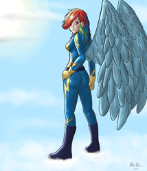 Size: 1200x1400 | Tagged: safe, artist:shinzm, rainbow dash, human, boots, clothes, female, gloves, hand on hip, humanized, looking back, shoes, solo, winged humanization, wings, wonderbolts, wonderbolts uniform