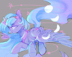 Size: 2500x2000 | Tagged: safe, artist:leafywind, princess luna, alicorn, pony, crown, female, flying, gray background, jewelry, mare, moon, open mouth, regalia, simple background, sketch, smiling, solo, spread wings, stars, wings