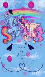 Size: 1268x2152 | Tagged: safe, artist:gigifeh, fluttershy, rainbow dash, pegasus, pony, balloon, female, flutterdash, flying, heart, heart balloon, lesbian, rainbow, shipping