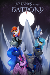 Size: 2160x3240 | Tagged: safe, artist:doekitty, princess luna, twilight sparkle, twilight sparkle (alicorn), oc, oc:azure mist (gulheru), oc:midnight eye, oc:midnight wind, oc:moonwarden, oc:rowan berry, oc:sunfall ordain, alicorn, bat pony, pony, fanfic:journey with a batpony, bat pony oc, commission, fanfic, fanfic art, fanfic cover, female, full moon, male, mare, moon, mountain, smiling, stallion