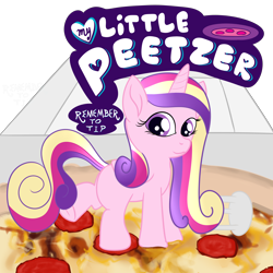 Size: 5000x5000 | Tagged: safe, alternate version, artist:poniidesu, princess cadance, alicorn, pony, /mlp/, 4chan, blank flank, cadance's pizza delivery, cute, cutedance, drawthread, female, filly, food, logo, meat, peetzer, pepperoni, pepperoni pizza, pizza, pizza box, simple background, solo, text, tiny, tiny ponies, transparent background, underhoof, younger
