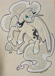 Size: 2158x3000 | Tagged: safe, artist:darkodraco, princess luna, alicorn, pony, colored pencil drawing, ethereal mane, female, hoof shoes, ink drawing, jewelry, lidded eyes, looking at you, mare, partial color, peytral, regalia, simple background, sketch, smiling, solo, starry mane, traditional art