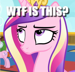 Size: 500x484 | Tagged: safe, edit, edited screencap, screencap, princess cadance, alicorn, pony, once upon a zeppelin, cadance is not amused, caption, cropped, image macro, meme, question, solo focus, text, unamused