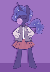 Size: 1280x1858 | Tagged: safe, artist:typhwosion, princess luna, alicorn, pony, semi-anthro, alternate hairstyle, bubblegum, clothes, cute, ethereal mane, eyes closed, female, food, gum, hooves in pockets, letterman jacket, lunabetes, pleated skirt, ponytail, skirt, solo, starry mane