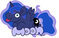 Size: 900x582 | Tagged: safe, artist:darkodraco, princess luna, alicorn, pony, derp, female, mare, simple background, smiling, solo, spread wings, tongue out, white background, wings