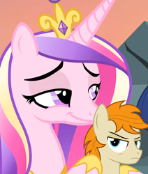 Size: 914x1080 | Tagged: safe, artist:devfield, edit, edited screencap, screencap, princess cadance, oc, oc:pizzamovies, alicorn, earth pony, pony, three's a crowd, blue eyes, cropped, crown, female, food, frown, jewelry, looking back, male, mare, meme, peetzer, pizza, regalia, smiling, smirk, smug, stallion, that pony sure does love pizza