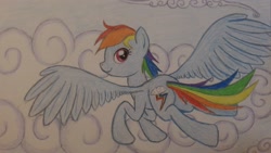 Size: 3072x1728 | Tagged: safe, artist:thefriendlyelephant, rainbow dash, pegasus, pony, flying, solo, traditional art