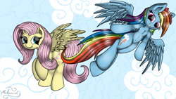 Size: 1920x1080 | Tagged: safe, artist:malamol, fluttershy, rainbow dash, pegasus, pony, semi-anthro, flying