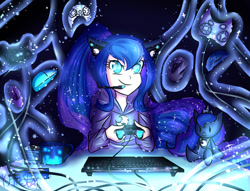 Size: 1280x979 | Tagged: safe, artist:y-firestar, princess luna, human, pony, beady eyes, cat ears, clothes, controller, crown, cute, ethereal mane, gamer luna, headset, hoodie, human coloration, humanized, jewelry, keyboard, lunabetes, mug, plushie, ponytail, regalia, solo, starry mane