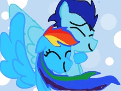 Size: 1024x768 | Tagged: safe, artist:selma2106, rainbow dash, soarin', pegasus, pony, female, hug, male, shipping, soarindash, straight