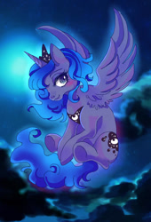 Size: 500x736 | Tagged: safe, artist:tsukuda, princess luna, alicorn, pony, blushing, female, mare, moonlight, night, sky, smiling, solo