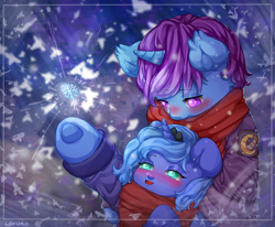 Size: 2408x1980 | Tagged: safe, artist:lokoro, princess luna, oc, oc:azure night, alicorn, pony, azuna, blushing, canon x oc, clothes, coat, cute, cutie mark, female, filly, jacket, jewelry, lunabetes, scarf, smiling, snow, snowflake, tiara, winter, woona, ych result, younger