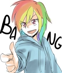 Size: 600x700 | Tagged: artist needed, source needed, safe, rainbow dash, human, bang, clothes, hoodie, humanized, solo