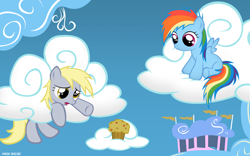 Size: 1920x1200 | Tagged: safe, artist:symbianl, derpy hooves, rainbow dash, pegasus, pony, cloud, cloudsdale, cloudy, female, filly, filly derpy, filly rainbow dash, muffin, stuck, younger