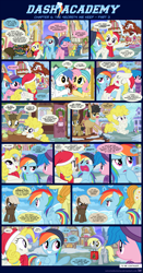 Size: 1155x2209 | Tagged: safe, artist:sorcerushorserus, brolly, derpy hooves, dumbbell, firefly, fluttershy, mulia mild, rainbow dash, surprise, whitewash, oc, donkey, pegasus, pony, comic:dash academy, g1, bag, brollyshy, clothes, colt, comic, cupcake, douchebag, dumbdash, female, filly, food, g1 to g4, generation leap, hat, male, mare, mouth hold, ponyville, santa hat, scarf, shipping, snow, stallion, straight, winter, younger