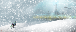 Size: 4096x1714 | Tagged: safe, artist:jasper77wang, rainbow dash, pegasus, pony, airship, futuristic, snow, snowfall, solo