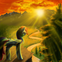 Size: 2000x2000 | Tagged: safe, artist:quennyqueen, rainbow dash, pegasus, pony, crepuscular rays, mountain, outdoors, river, scenery, solo, sun, sunlight, sunrise