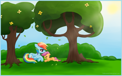 Size: 3559x2204 | Tagged: safe, artist:fallenpeach, rainbow dash, scootaloo, pegasus, pony, leaves, scootalove, tree