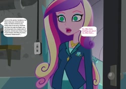 Size: 913x645 | Tagged: safe, edit, edited screencap, editor:thomasfan45, screencap, dean cadance, princess cadance, human, equestria girls, friendship games, 1000 hours in ms paint, blank expression, blouse, clothes, crystal prep academy, cute, cutie mark on clothes, description is relevant, doorway, female, hypnosis, hypnotized, implied principal cinch, jacket, jewelry, light switch, necklace, offscreen character, open mouth, request, skirt, solo, speech bubble, story included, swirly eyes