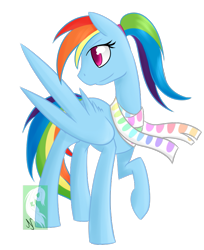 Size: 671x823 | Tagged: safe, artist:theemeraldthunder, rainbow dash, pegasus, pony, alternate hairstyle, clothes, scarf, solo