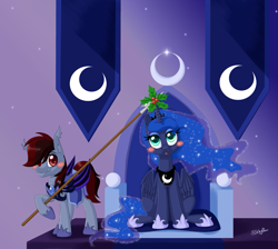 Size: 891x800 | Tagged: safe, artist:unisoleil, princess luna, oc, oc:hestern haste, alicorn, bat pony, pony, bat pony oc, blushing, holly, holly mistaken for mistletoe, hoof shoes, male, night guard, spear, stallion, weapon