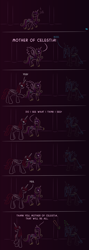 Size: 960x2700 | Tagged: safe, artist:quint-t-w, princess cadance, queen chrysalis, oc, oc:fausticorn, alicorn, changeling, changeling queen, pony, alicorn oc, baseball bat, boo, comic, covering, dialogue, female, gradient background, levitation, magic, minimalist, modern art, mother of celestia, music notes, old art, reference, scared, sheep in the big city, telekinesis, youtube link in the description