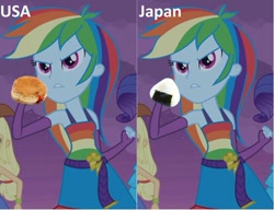 Size: 500x383 | Tagged: safe, rainbow dash, equestria girls, 4kids, censorship, donut, frown, glare, gritted teeth, japan, jelly doughnut, onigiri, united states, usa/japan