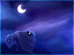 Size: 2400x1800 | Tagged: safe, artist:lou1911, princess luna, alicorn, pony, crying, eyes closed, female, floppy ears, mare, moon, night, s1 luna, sad, solo, wings down