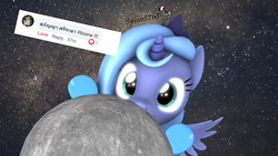 Size: 1920x1080 | Tagged: safe, artist:spinostud, princess luna, alicorn, pony, 3d, cute, female, filly, looking at you, lunabetes, moon, request, source filmmaker, space, tangible heavenly object, woona, younger