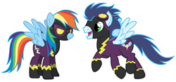 Size: 1024x478 | Tagged: safe, artist:3d4d, rainbow dash, soarin', pegasus, pony, clothes, female, male, shadowbolt dash, shadowbolts, shadowbolts costume, shipping, simple background, soarindash, straight, white background