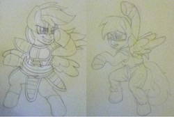 Size: 1430x960 | Tagged: safe, artist:blackbewhite2k7, derpy hooves, rainbow dash, pegasus, pony, crossover, dragon ball z, female, goku, mare, parody, sketch, traditional art, vegeta, wip