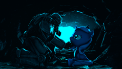 Size: 3840x2160 | Tagged: safe, artist:apexpredator923, princess luna, human, pony, 3d, armor, cave, crossover, cute, energy weapon, fallout, fallout 4, female, filly, laser rifle, power armor, t45, weapon, woona, younger