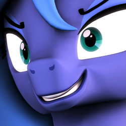 Size: 1439x1440 | Tagged: safe, artist:flushthebatsanta, princess luna, alicorn, pony, 3d, booty had me like, bust, close-up, creepy, creepy smile, cropped, faic, reaction image, s1 luna, smiling, solo, source filmmaker