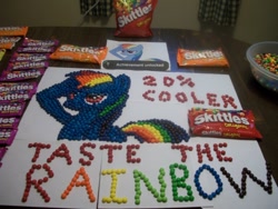 Size: 1032x774 | Tagged: safe, artist:grudgeholder, rainbow dash, pegasus, pony, achievement unlocked, candy, food, food art, photo, pun, skittles, skittles portrait, visual pun