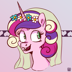 Size: 1341x1341 | Tagged: safe, artist:kerpupu, princess cadance, queen chrysalis, alicorn, changeling, changeling queen, pony, a canterlot wedding, cute, cute little fangs, disguise, disguised changeling, fake cadance, fangs, female, gradient background, signature, teeth