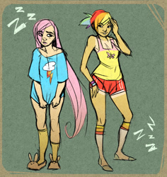 Size: 900x954 | Tagged: safe, artist:royalshark, fluttershy, rainbow dash, human, accessory swap, bottomless, clothes, clothes swap, female, flutterdash, humanized, lesbian, shipping, tan