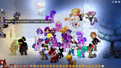 Size: 1920x1080 | Tagged: safe, dusk shine, princess cadance, sci-twi, twilight sparkle, twilight sparkle (alicorn), alicorn, earth pony, pegasus, pony, unicorn, brutalight sparcake, clothes, pixel art, pony town, rule 63, scepter, snow, twilight scepter, winter, winter outfit