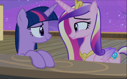 Size: 1505x942 | Tagged: safe, screencap, princess cadance, twilight sparkle, twilight sparkle (alicorn), alicorn, pony, once upon a zeppelin, cropped, duo, looking at each other, sisters-in-law, smiling