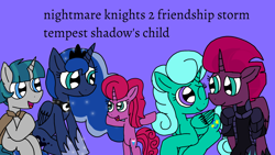 Size: 1920x1080 | Tagged: safe, artist:徐詩珮, fizzlepop berrytwist, glitter drops, princess luna, stygian, tempest shadow, oc, oc:betty pop, alicorn, pony, unicorn, comic:nightmare knights 2 friendship storm tempest shadow's child, my little pony: the movie, alicornified, auntie luna, child, ethereal mane, family, female, glittercorn, glittershadow, lesbian, magical lesbian spawn, male, mare, mother and child, mother and daughter, next generation, nightmare five, offspring, parent and child, parent:glitter drops, parent:tempest shadow, parents:glittershadow, purple background, race swap, shipping, simple background, stallion, starry mane