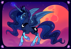 Size: 3000x2100 | Tagged: safe, artist:janegumball, princess luna, alicorn, horse, pony, alternate design, blaze (coat marking), cloud, ethereal mane, female, full moon, glowing horn, hoers, hoof shoes, mare, moon, night, smiling, socks (coat marking), solo, starry mane