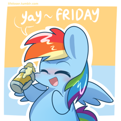 Size: 500x500 | Tagged: safe, artist:php56, rainbow dash, pegasus, pony, semi-anthro, bipedal, blushing, chibi, cider, cider dash, cute, dashabetes, eyes closed, female, friday, mare, open mouth, smiling, solo, yay